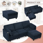 86" Chenille L-Shape Sofa w/& Adjustable Backrests, Blue | Upholstery 3-Seats Sofa w/Movable Storage Ottomans & Cup Holders, Modern Sectional Couch w/Charging Ports for Living Room