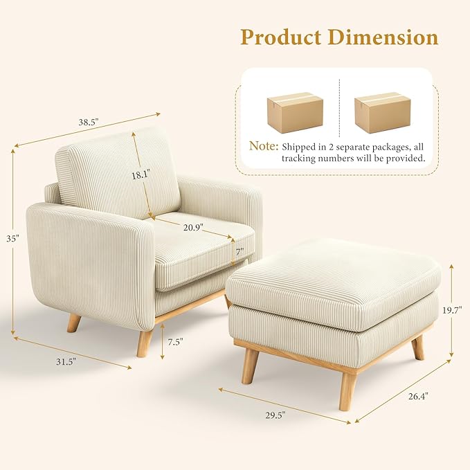 Vesgantti 38.5" Accent Chair with Movable Ottoman, Comfy Corduroy Armchair with Spring Cushion, Reading Chair with Ottoman, Modern Single Sofa for Living Room, Bedroom and Apartment, Beige