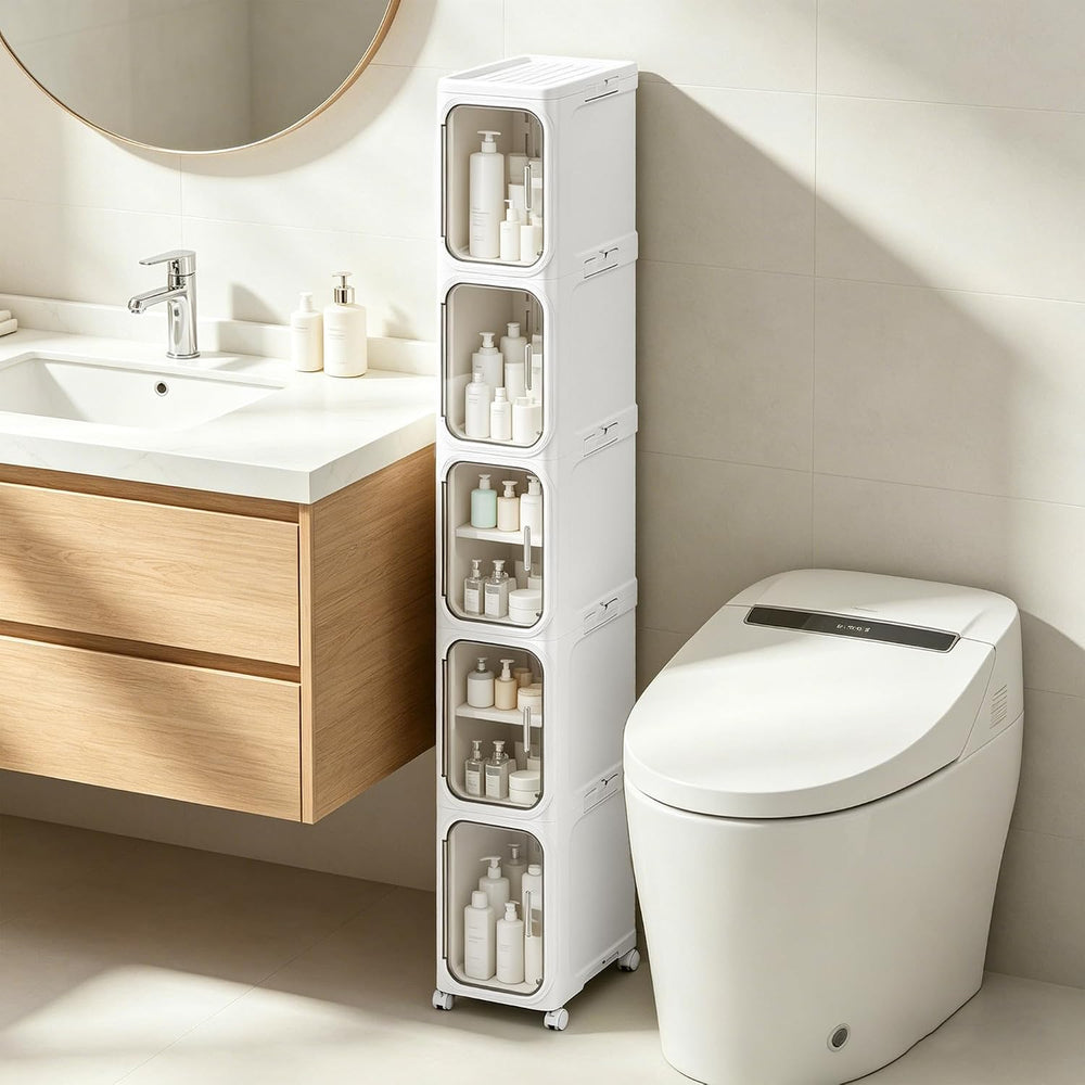 5-Tier Narrow Storage Cabinet Slim Bathroom Tall Skinny Organizer | Movable S...