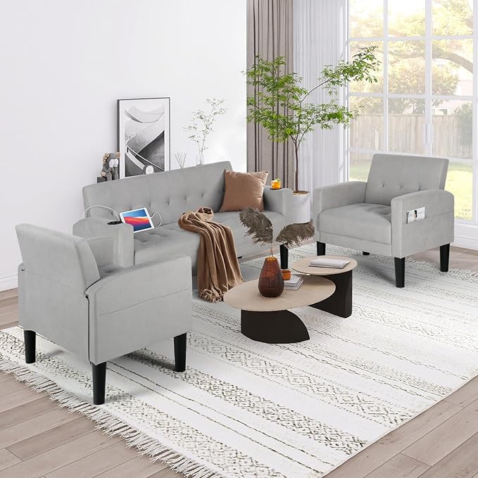 AILEEKISS 3 Piece Living Room Sofa Set Loveseat Sofas Sets with 2 USB,Cup Holders,Side Pocket, Modern Fabric 3 Pcs Sectional Couches Set for Apartment,Office,Bedroom (2-Seat+1-Seat+1-Seat, Light Grey)