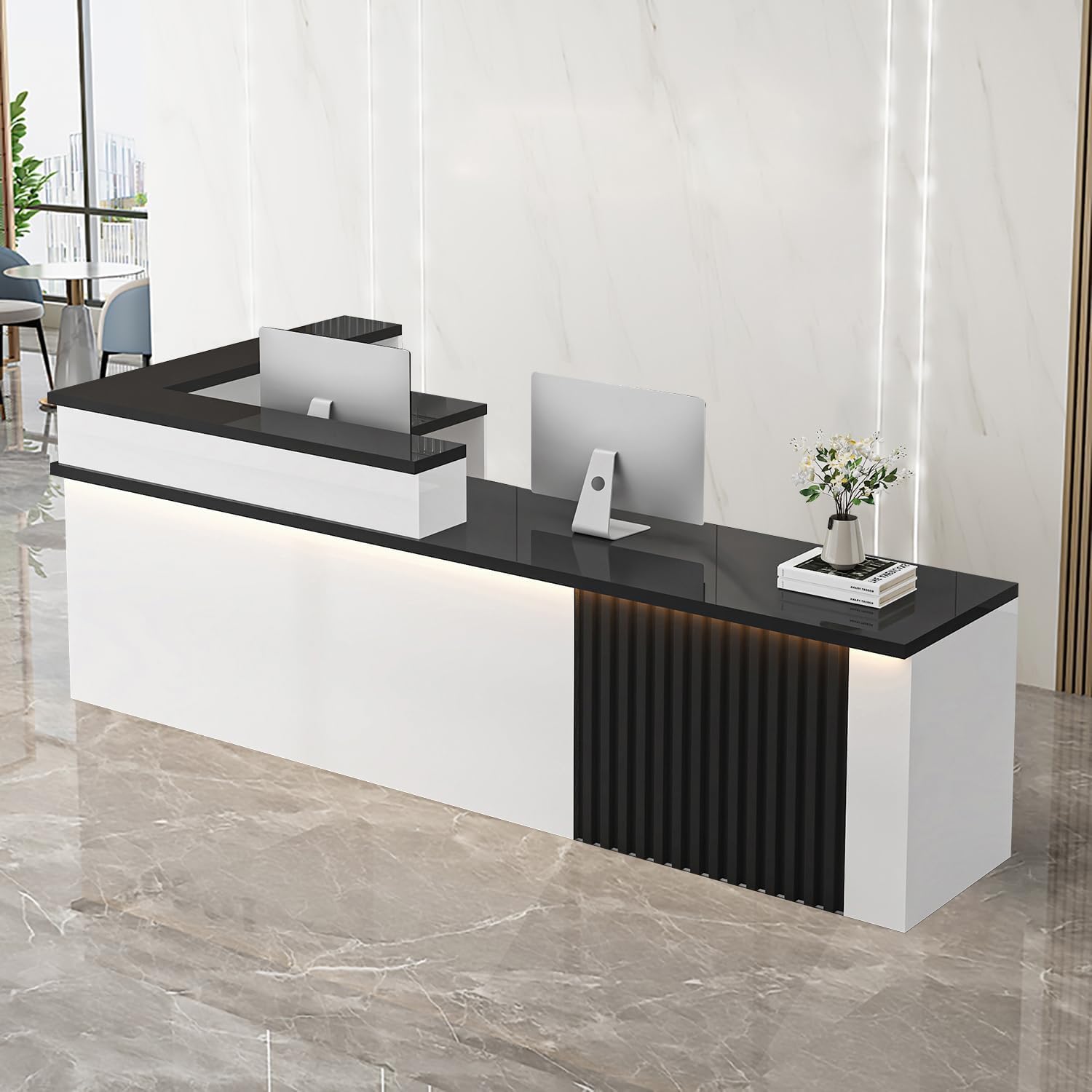 Receptionist Desk with LED Light，Wooden Salon Checkout Counter with Storage Drawer & Keyboard Tray Modern L-Shaped Reception Desk for Barbershop Office Company Store