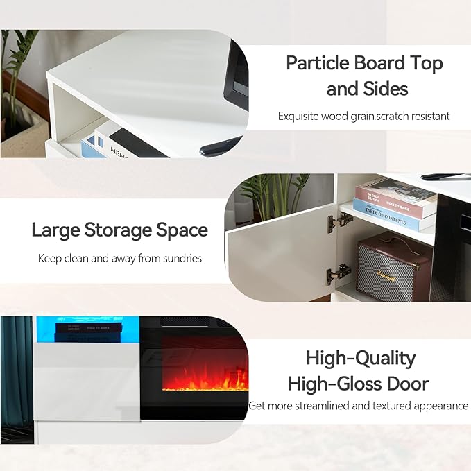 oneinmil Fireplace TV Stand with 36" Electric Fireplace, LED Light Entertainment Center, Modern Wood Texture Highlight Storage Cabinet for TVs Up to 80", 70 inches,White