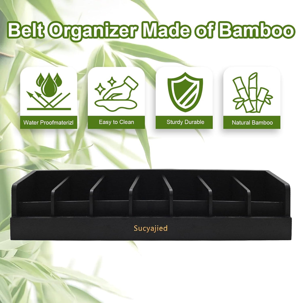 Belt Organizer, Black, 7 Compartments | Bamboo Storage Box, For Closet and Drawer, Belt Holder Case, For Tie and Belt, For Men and Women