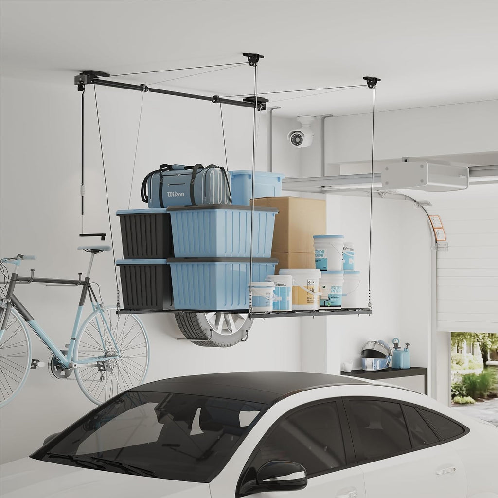 FLEXIMOUNTS Garage Ceiling Lifting Storage Rack, 4x4 Ft Heavy-Duty Metal Frame, Overhead Storage System With 350lbs Load Capacity, Matt Black