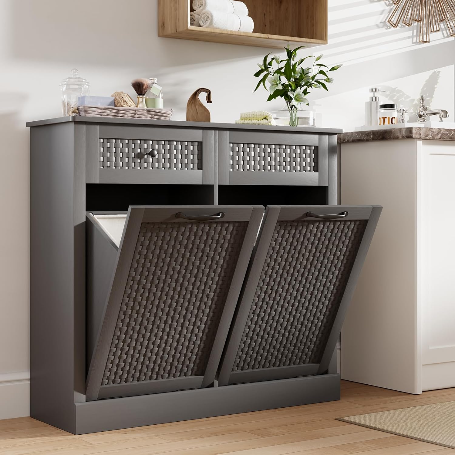 Double Tilt Out Laundry Hamper Cabinet,10 Gallon Laundry Cabinet with Drawers ＆ 2 Hidden Baskets, Farmhouse Storage Basket for Laundry Room, Bathroom, Kitchen, Gray