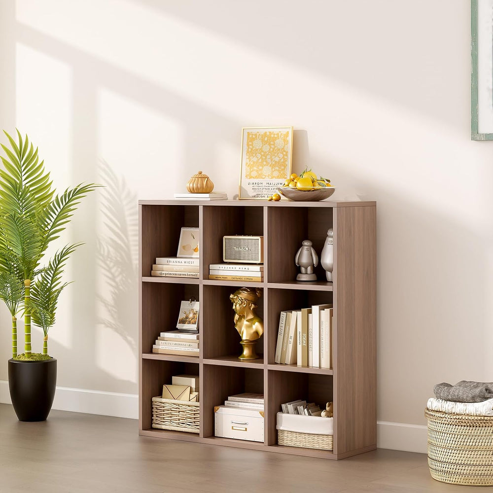9-Cube Storage Shelf Bookcase - Wooden 3-Tier Floor Standing Open Bookshelf f...