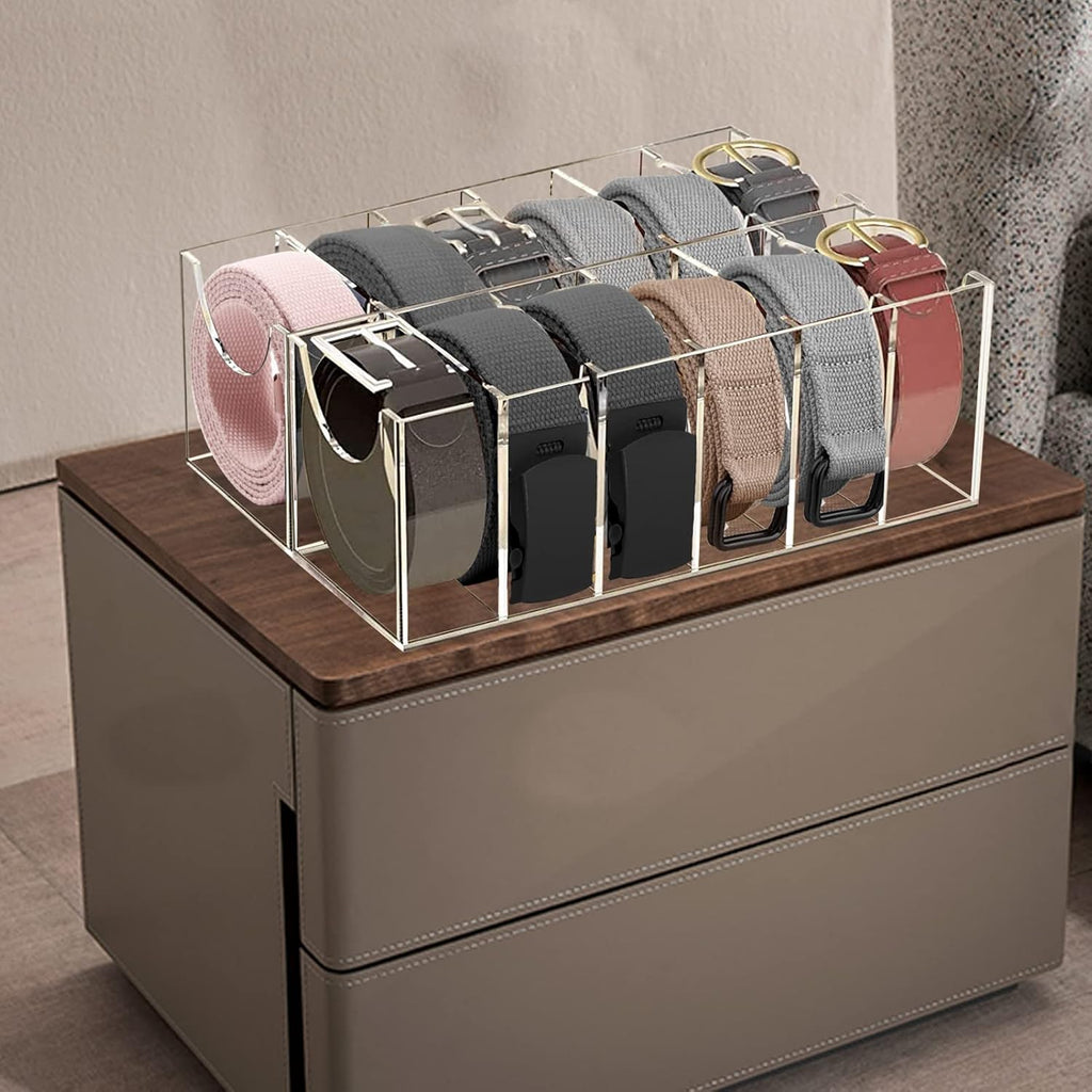Belt Organizer, Acrylic 12 Compartments Belt Container Storage Holder, Acrylic Belt Display Storage Box, Clear Belt Display Case for Closet Tie and Bow Watch Jewelry Bracelets Ring Cosmetic…
