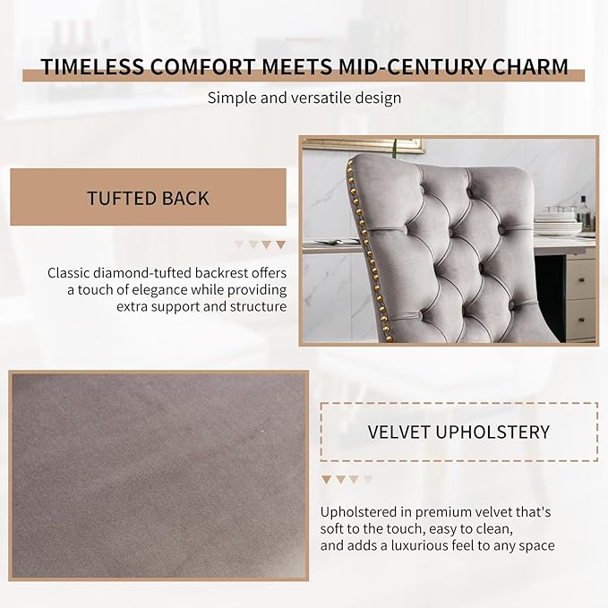 Mid Century Modern Dining Chairs Set of 4, Grey Velvet Upholstered Tufted Back, Kitchen & Dining Room Chairs, Gold Metal Legs, Nailhead Trim, Sillas para Comedor (Gray, 4 Pcs)