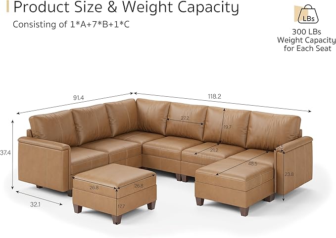 SITJOY 118" Faux Leather Modular Sectional Sofa with Storage, Mid Century Modern Sectional Couches for Living Room, 6 Seater V Shaped Couch with Chaise, Brown