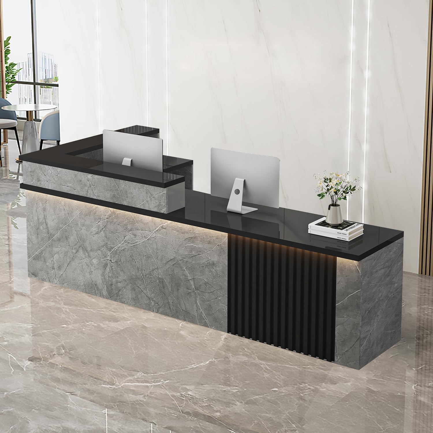 Receptionist Desk with LED Light，Wooden Salon Checkout Counter with Storage Drawer & Keyboard Tray Modern L-Shaped Reception Desk for Barbershop Office Company Store