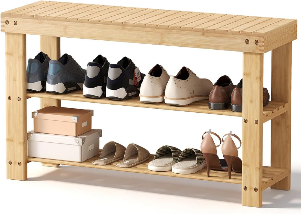 Simple Deluxe Shoe Rack Bench, 3-Tier Bamboo Storage Organizer, 286lb Capacit...