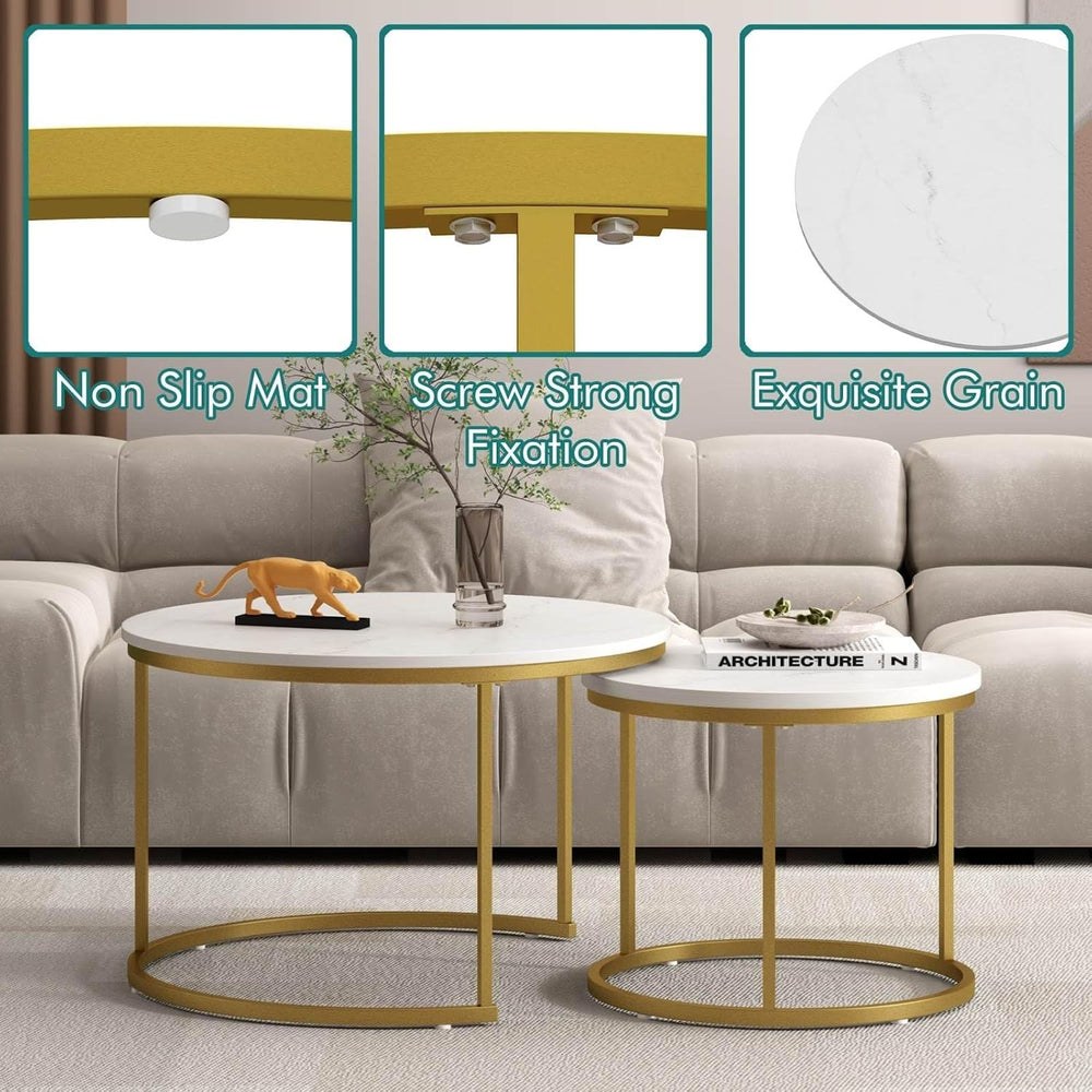 Nesting Coffee Table Set of 2, Round Tables with Marble Pattern MDF Top | Spa...