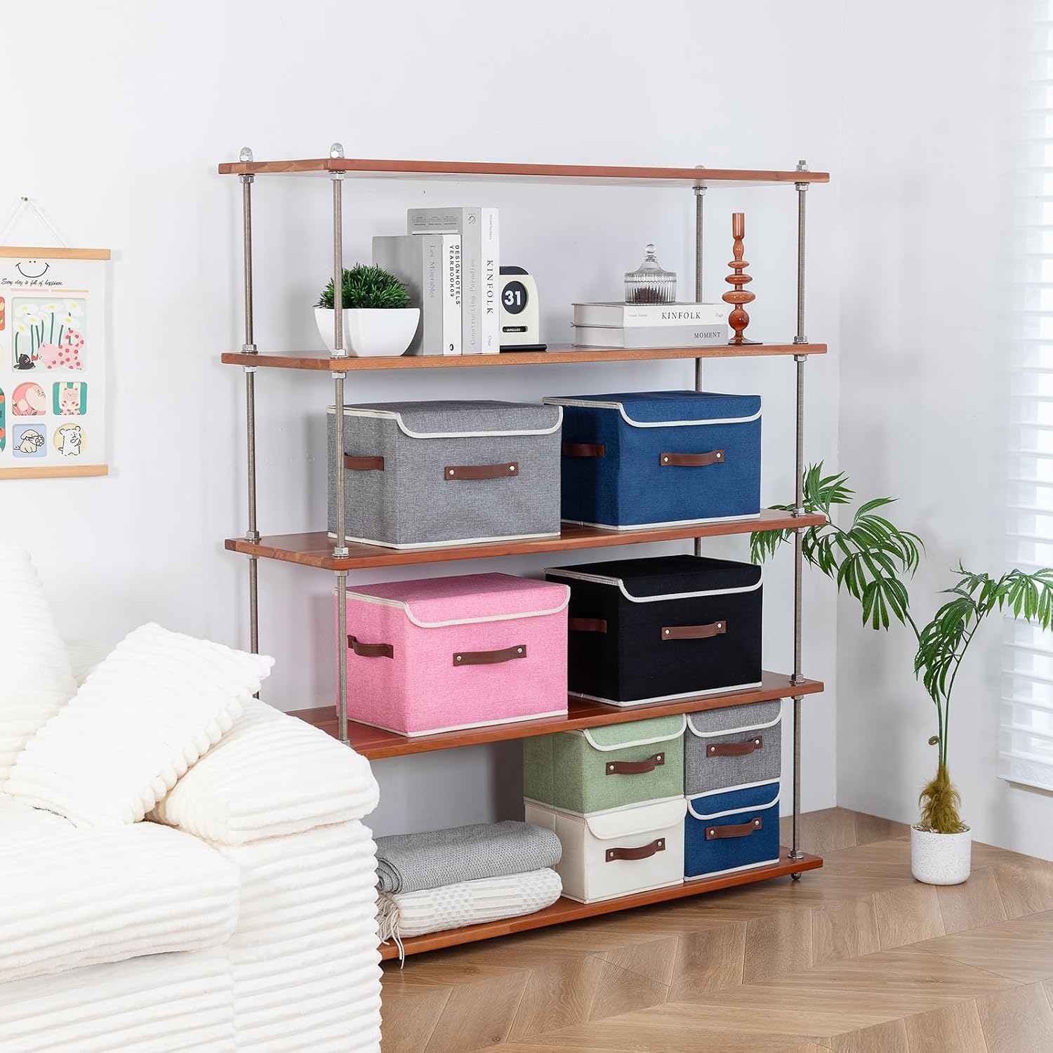 Collapsible Storage Boxes Baskets with Lid Cotton Linen Fabric Storage Bins with Faux Leather Handles Decorative Washable Cube Organizer Container for Home Closet Bedroom (Gray, Small Size)