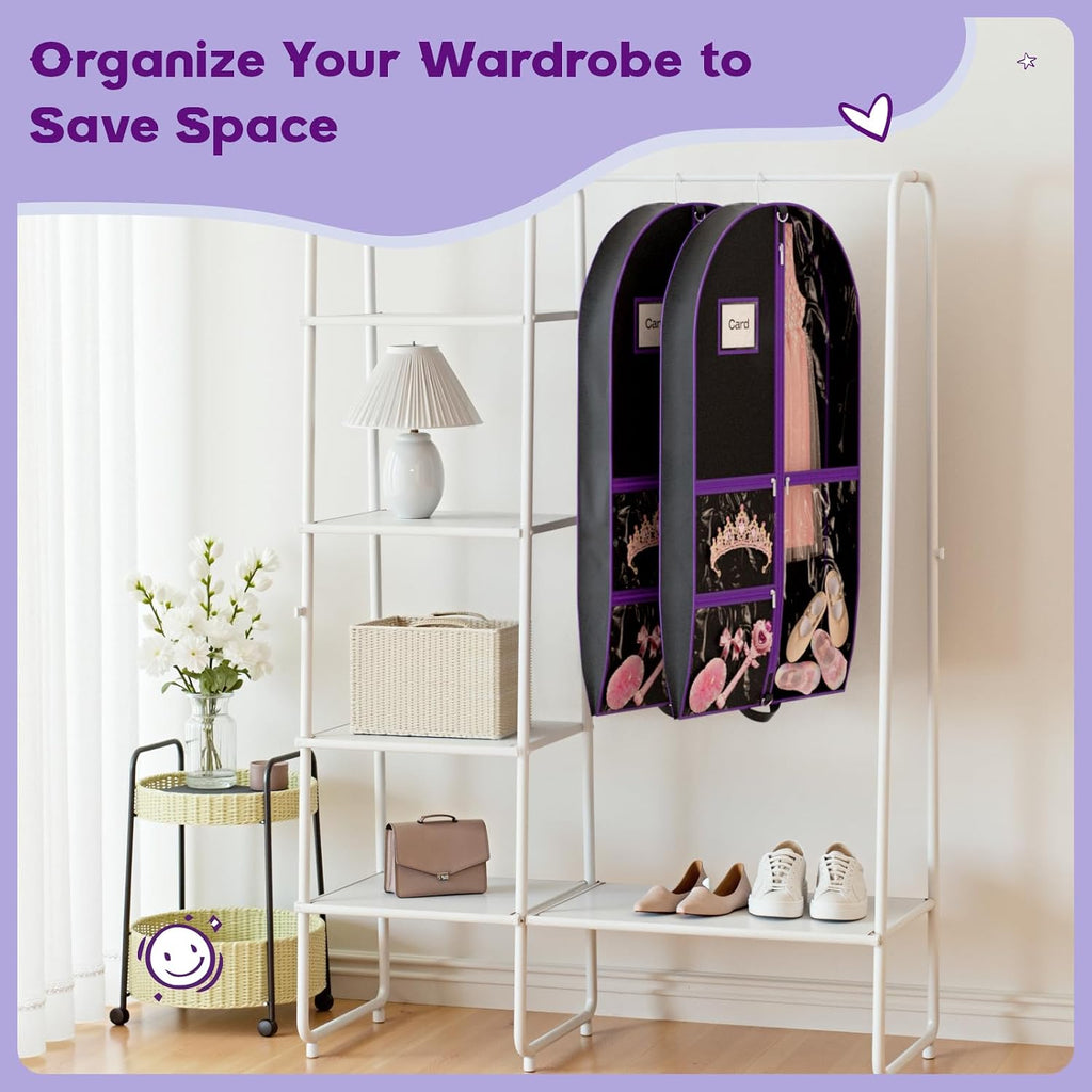 Dance Garment Bags for Dancers, 40" Garment Bags for Hanging Clothes with 3 Clear Zipper Pockets, Cheer Uniform Garment Bag for Suits, Travel & Sports Jersey, Cheer Uniform (Purple, 1Pack 40")