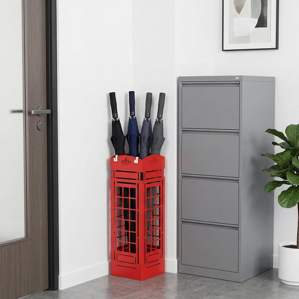 Square Metal Umbrella Holder, Square Free Standing Umbrella Rack Decorative Umbrella Holder Hollow Cutout Pattern Design for Umbrella Cane Entryway Home Office 19.49" X 6.1" X 6.1"(Red hollowed out)