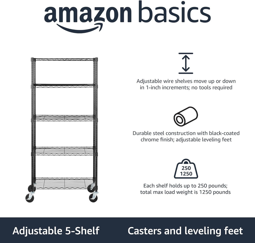 Amazon Basics 5-Shelf Adjustable, Heavy Duty Storage Shelving Unit on 4'' Wheel Casters, Metal Organizer Wire Rack, 30" L x 14" W x 64.75" H, Black