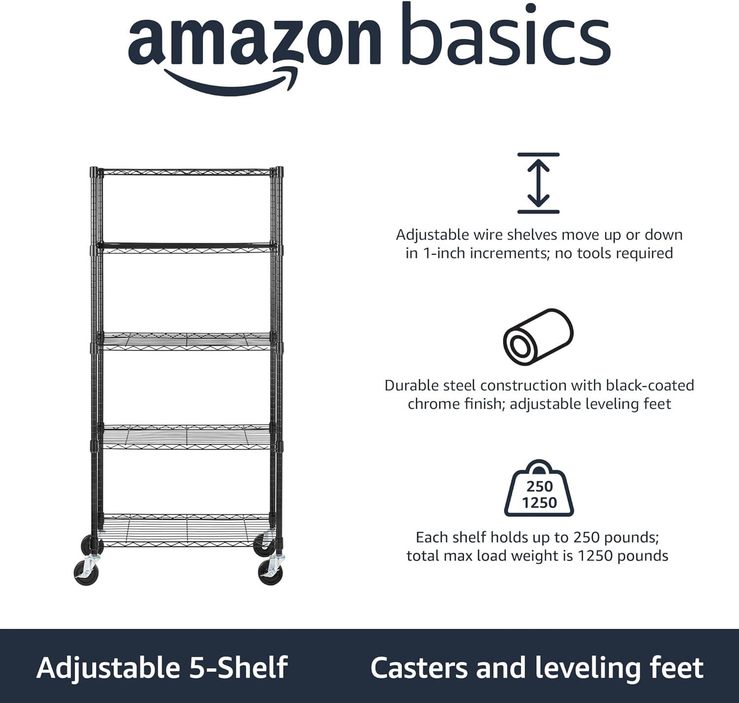 Amazon Basics 5-Shelf Adjustable, Heavy Duty Storage Shelving Unit on 4'' Wheel Casters, Metal Organizer Wire Rack, 30" L x 14" W x 64.75" H, Black