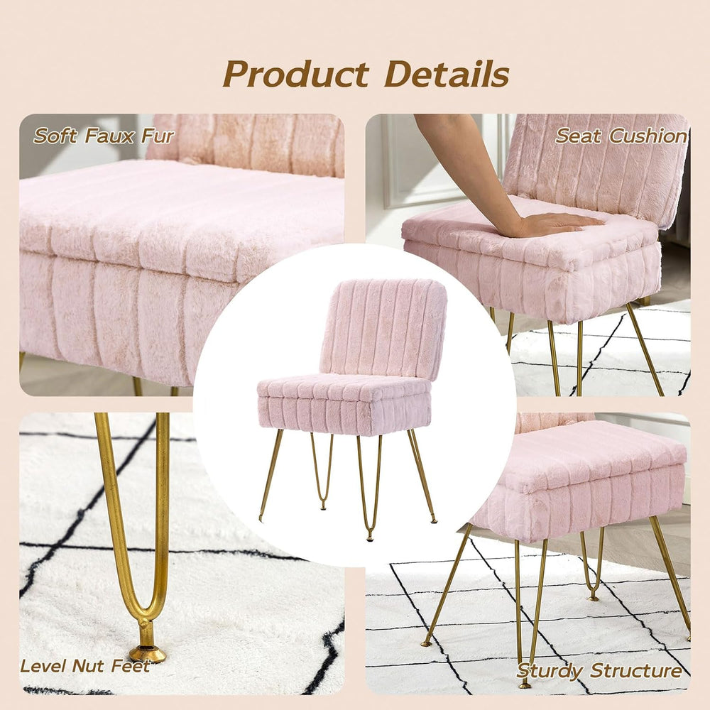 Vanity Chair with Storage | Comfy Ottoman with Folding Back | Faux Fur Vanity...