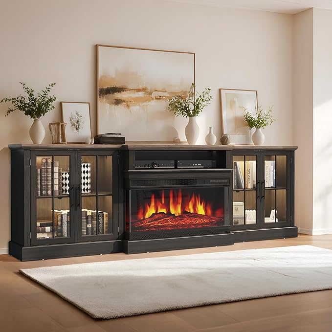 Black 98" Farmhouse TV Stand with 36" Fireplace for Living Room,Media Entertainment Center with Adjustable Shelves and Large Storage Cabinets, TVs up to 100"