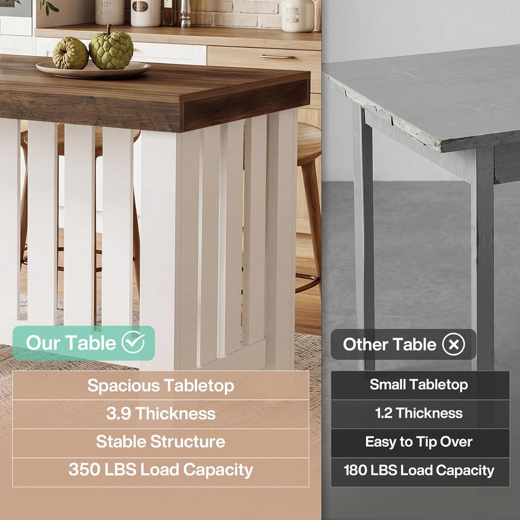 Tribesigns 55" Kitchen Island, Farmhouse Large Stationary Wood Table with Sturdy Base, Freestanding with Large Worktop & Leg Room for Kitchen, Dining Room (White and Brown)