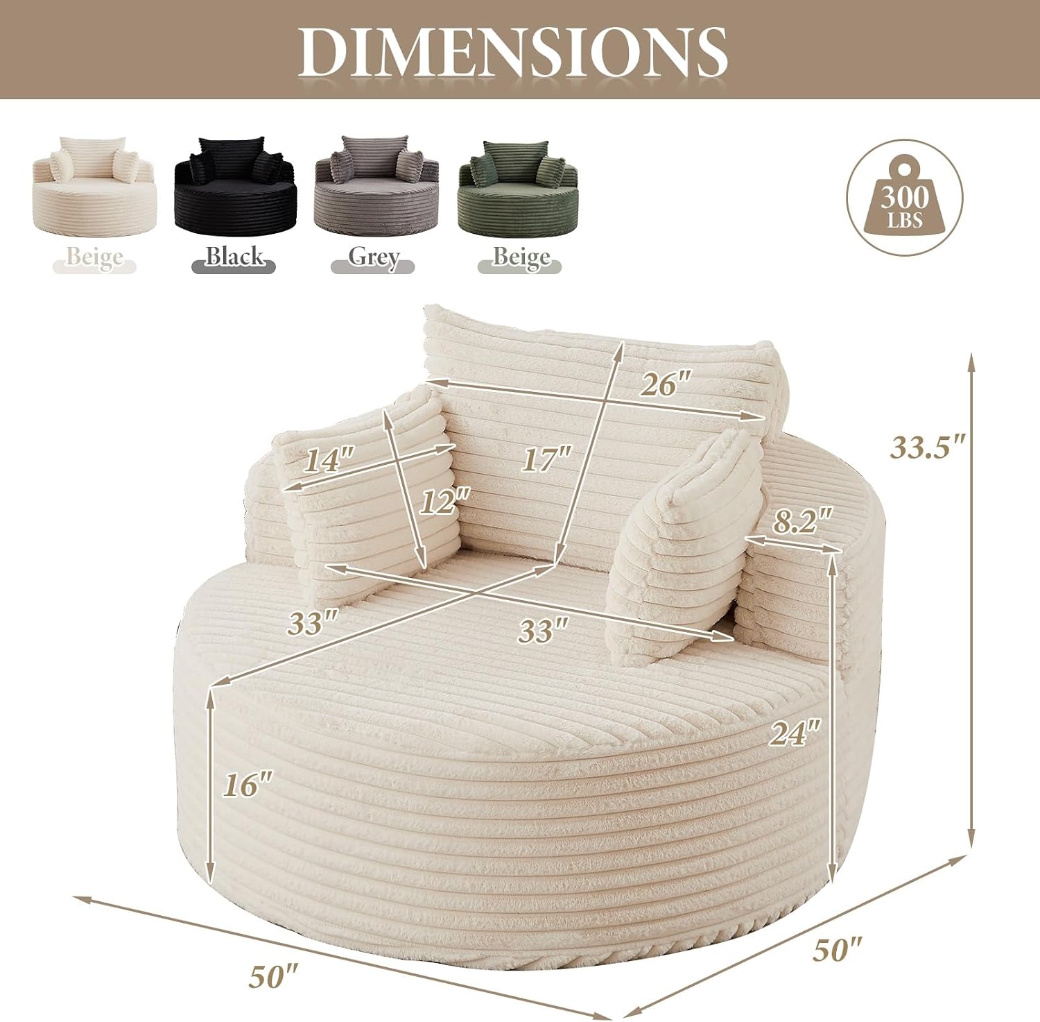50'' Oversized Round Chaise Longue Chair, Upholstered Corduroy Single Cloud Circle Sofa Chair Comfy Deep Seat Boneless Couch Bed No Assembly Required for Living Room, Bedroom Apartment, Beige