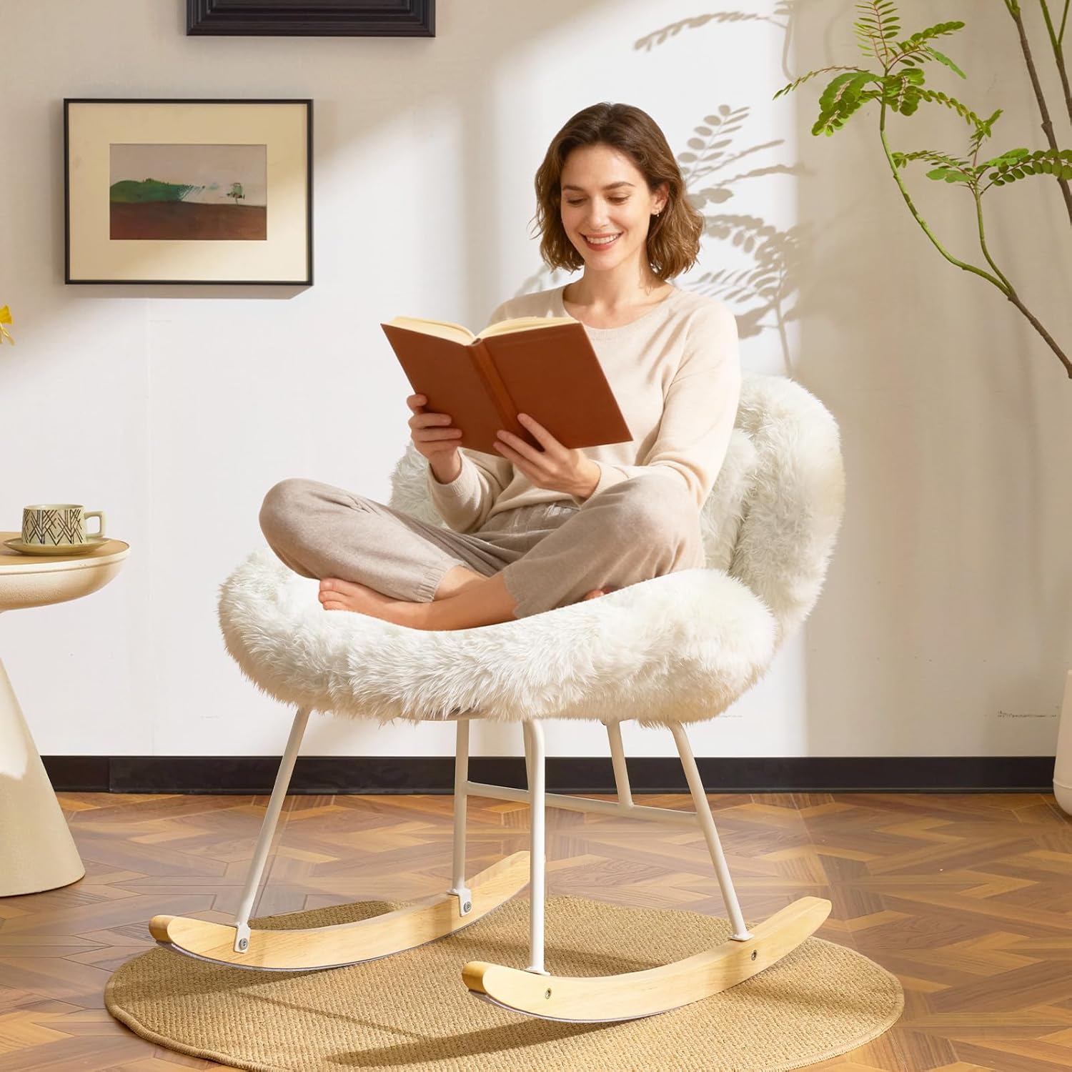 VINGLI 25.6" Extra Wide Criss Cross Nursery Rocking Chair,Cute Curved 115° Reclining Armless Glider,Plush Small Rocker w/Pillow & Solid Wood for Indoor,Bedroom, Living Room,Fluffy Fleece,White