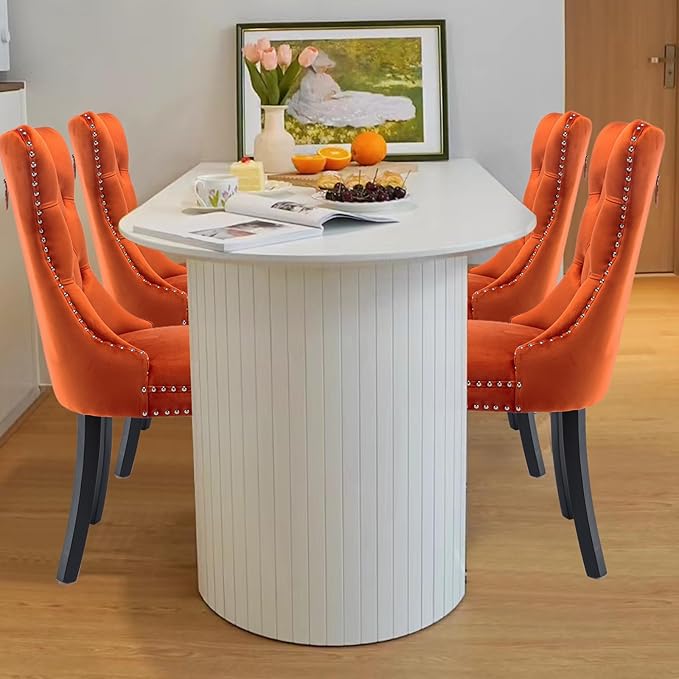 Velvet Upholstered Dining Chairs Set of 4, Modern Style Kitchen Side Chairs with Nailhead Trim and Wood Legs,Metal Pulling Ring for Dining Room Living Room(Orange,Set of 4)