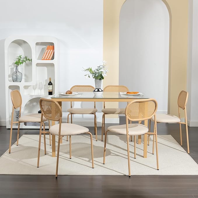 COSVALVE Boho Dining Chairs Set of 2, Upholstered Cane Dining Chair with Rattan Back Metal Legs, for Dinner Living Room Reception