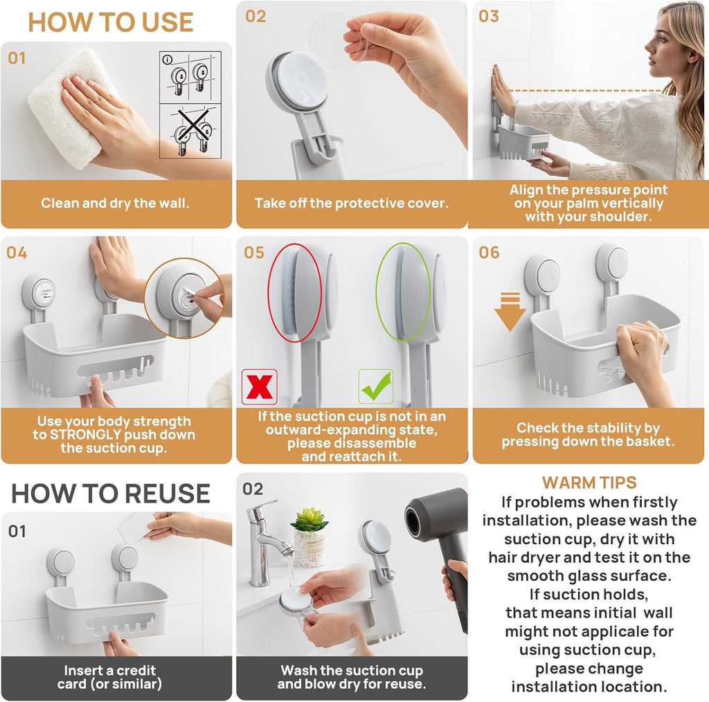 LEVERLOC Shower Caddy Suction Cup Set Shower Organizer & Soap Holder & Toothbrush Holder, Bathroom Shelf Basket NO-Drilling, Removable Suction Storage Waterproof Bathroom Caddy, Gray
