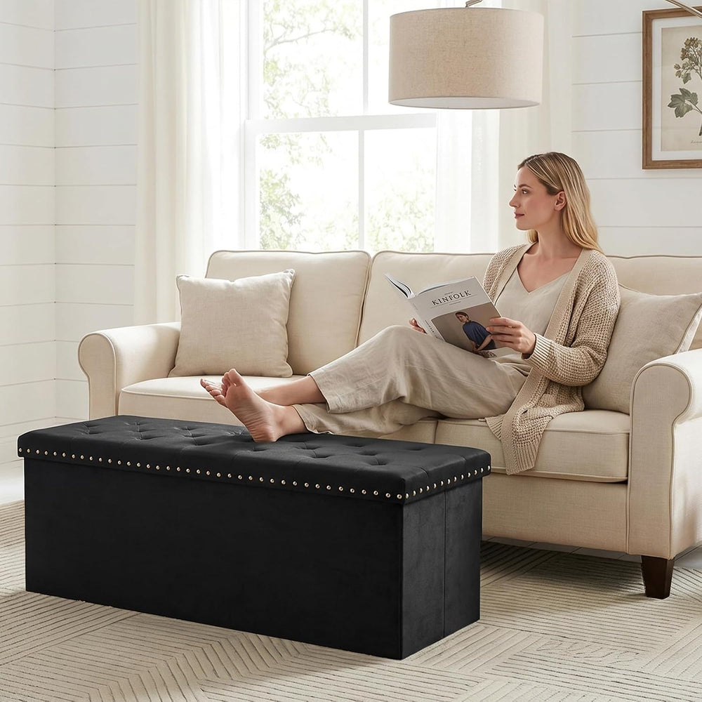 PINPLUS Folding Storage Ottoman Bench, Black Velvet | Large Storage Chest wit...