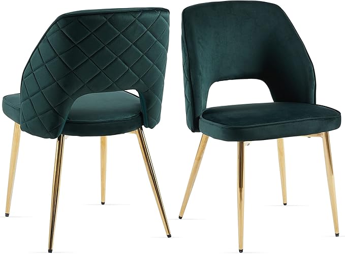 NORDICANA Modern Dining Chair Set of 2, Forest Green Velvet Fabric Upholstered Accent Chairs with Golden Metal Legs, Round Back Side Chairs for Kitchen Living Room Bedroom