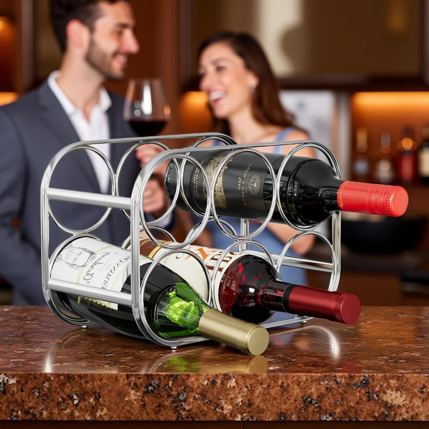 Buruis 6-Bottle Countertop Wine Rack, Metal Wine Bottle Holder, Chrome | No Assembly Required, Space-Saving Wine Storage, Kitchen Bar Organizer, Red & White Wine Display, Modern Home Decor