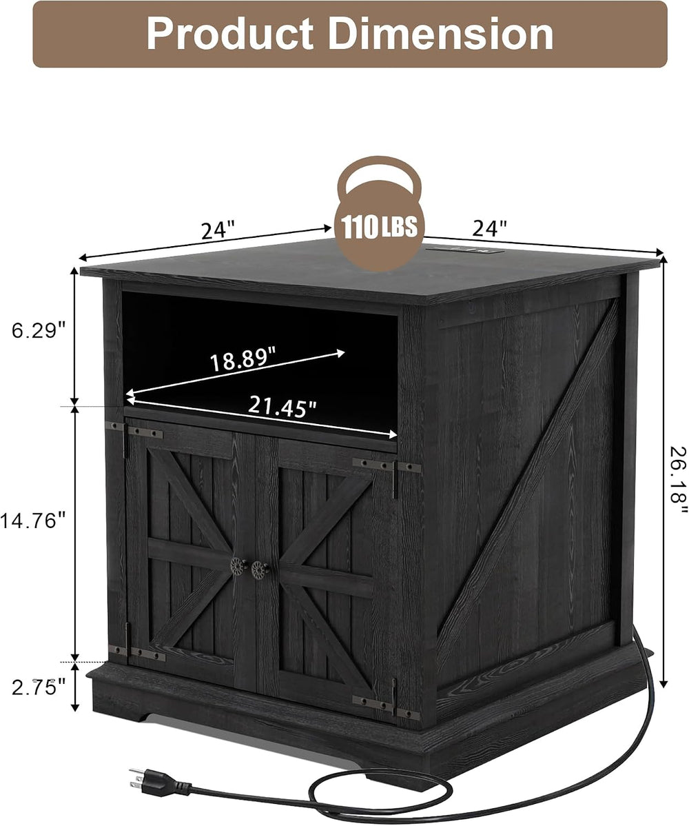 MUUEGM End Table with Charging Station, 24 Inch Farmhouse Sofa Side Tables Li...