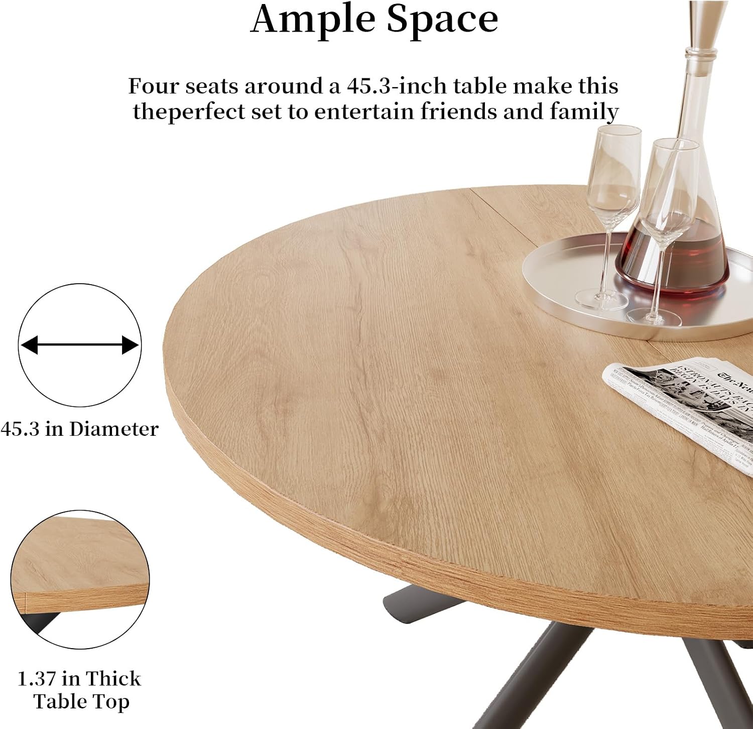 HIPIHOM 45.3 Inch Modern Round Dining Table for 4, Space-Saving Dinette with Carbon Steel Legs for Home Kitchen Apartment(Oak Table)