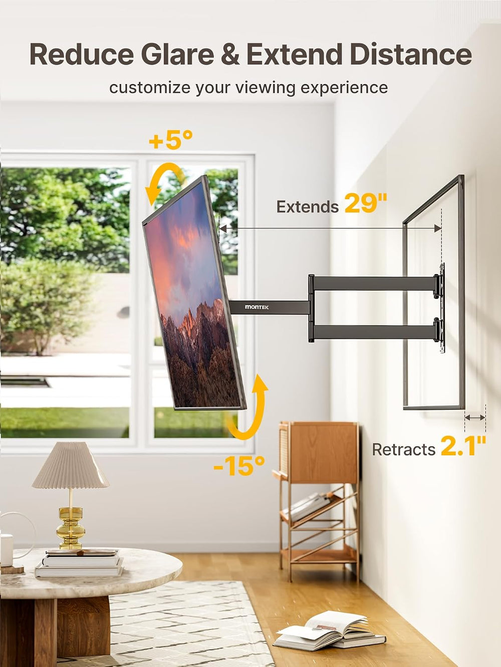 monTEK 29 Inch Long Arm TV Wall Mount for 23-65 Inch TVs | Long Extension TV ...