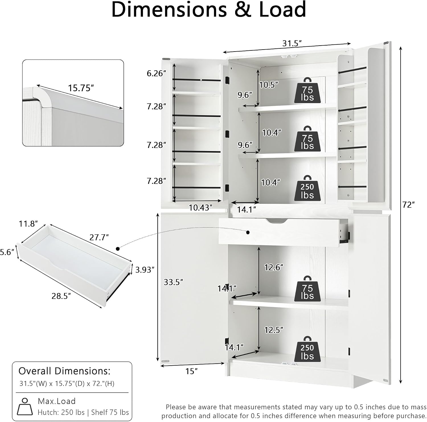 72" Tall Arched Kitchen Pantry Cabinet with 3 Adjustable Shelves, Modern Storage Cabinet with Hidden Drawer and 8 Door Shelves for Kitchen, Dining and Bathroom (White)