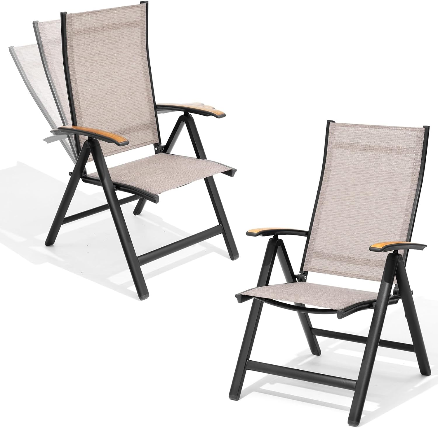Folding Patio Chairs Set of 2, Outdoor Recliner Chairs | 8-Level Adjustable Reclining Back with Teak Armrest Aluminium Frame for Porch, Backyard, Brown DC071