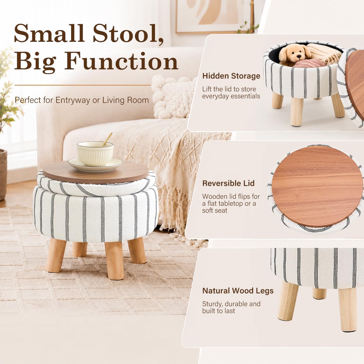 Wimarsbon Storage Ottoman, Modern Round Footrest with Soft Padded Seat, Striped Fabric Footstool with Wood Legs, Accent Small Table or Plant Stand for Hallway, Living Room (Black and White)
