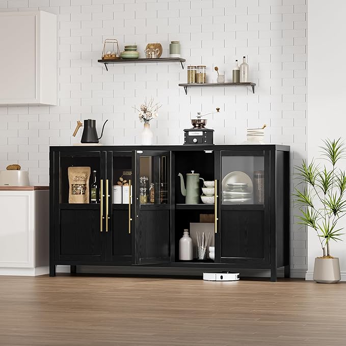 GarveeHome Sideboard Buffet Cabinet with 4 Glass Doors, 55" Buffet Table Coffee Bar Wine Bar Display Cabinet for Kitchen Dining Room, Living Room (Dark, Glass with 4 Doors)