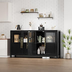 GarveeHome Sideboard Buffet Cabinet with 4 Glass Doors, 55" Buffet Table Coffee Bar Wine Bar Display Cabinet for Kitchen Dining Room, Living Room (Dark, Glass with 4 Doors)