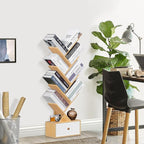 8 Tier Tree Bookshelf with Drawer, Free Standing Wood Bookcase for Narrow Space, Storage Organizer Bookshelves for Books, Book Case for Home Office, Living Room, Bedroom - Natural