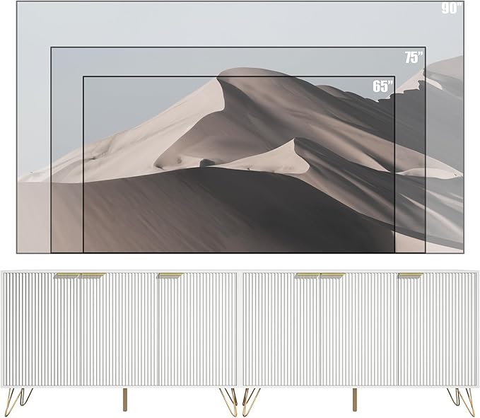 Fluted White TV Stand for 100 Inch TV,Modern White TV Stands for Living Room,TV Console with Storage Cabinets,Entertainment Center with Adjustable Shelves & Gold Handles,Wood Media Cabinet