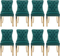 Velvet Upholstered Dining Chairs Set of 8, Modern Style Kitchen Side Chairs with Nailhead Trim and Gold Plated Leg, Metal Pulling Ring for Dining Room Living Room(Green)