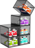 6 Pack Upgrade Harder Shoe Organizer, Shoe Storage with Magnetic Front Door, Clear Shoe Boxes Foldable Space-Saving Shoe Rack for Sneaker Boot Container, Black