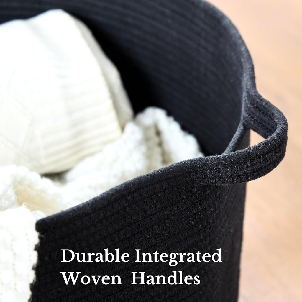 Extra Large Nursery Storage Basket, 22 x 22 x 14 inches - 100% Cotton Rope Baskets with Handles, Blanket Basket for Toys, Blankets & Pillows - Inner Black
