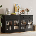 TUSY 71" TV Stand Storage Set - 2 Tall Bookcases & 2 Side Cabinets, Media Console with Glass & Wood Doors, Entertainment Center with Drawers, Tall Media Console for Living Room (Black, AFFA)