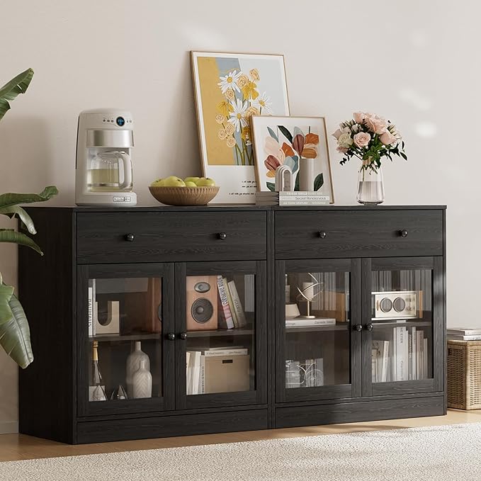TUSY 71" TV Stand Storage Set - 2 Tall Bookcases & 2 Side Cabinets, Media Console with Glass & Wood Doors, Entertainment Center with Drawers, Tall Media Console for Living Room (Black, AFFA)