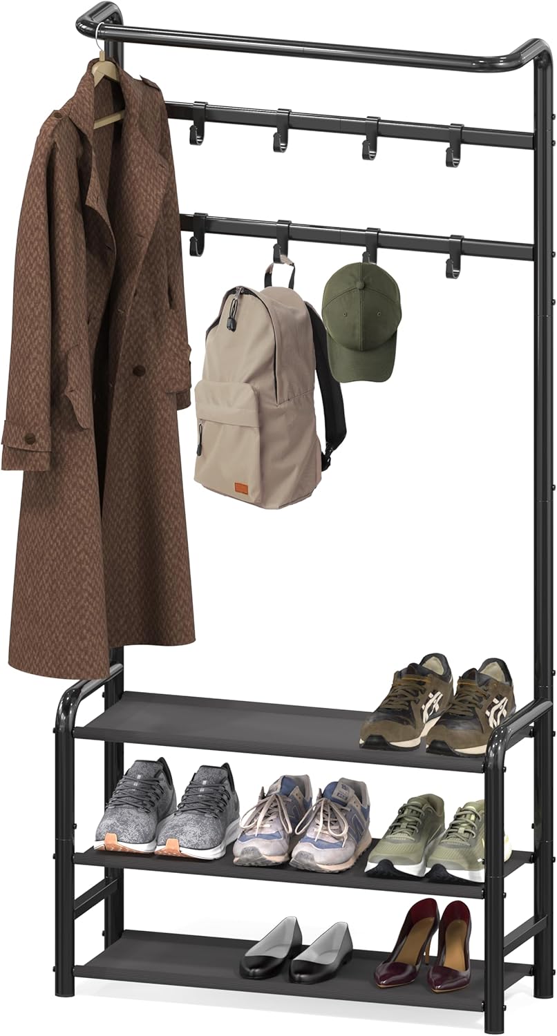 Simple Houseware Coat Rack with Storage Shelf, Freestanding Hall Tree with Hooks for Entryway, Bedroom, Office, Black Metal Clothes Hanger Stand for Coats, Hats, Jackets, Bags - Black
