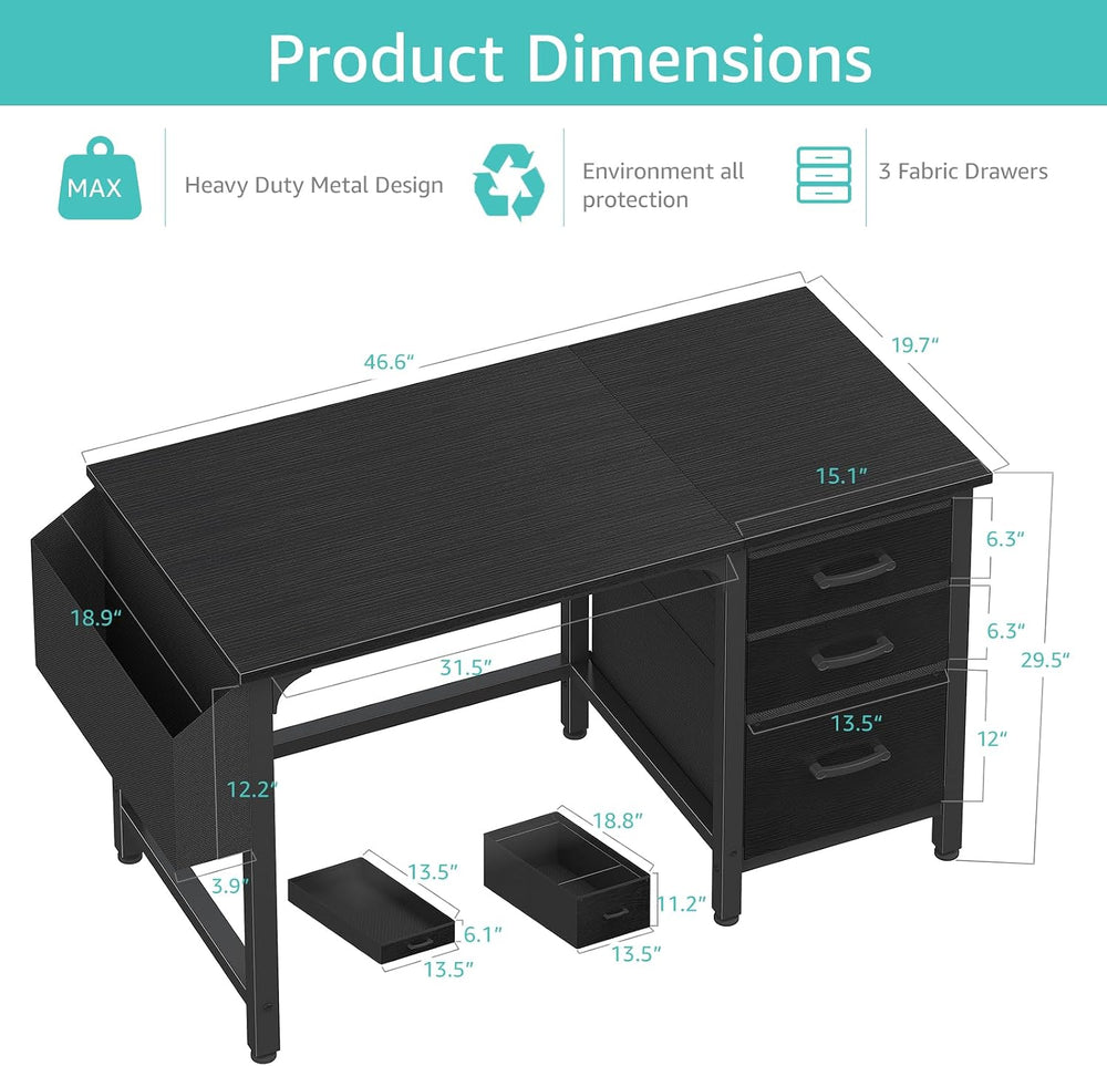 Lufeiya Computer Desk with File Drawers Cabinet, 47 Inch Reversible Home Offi...