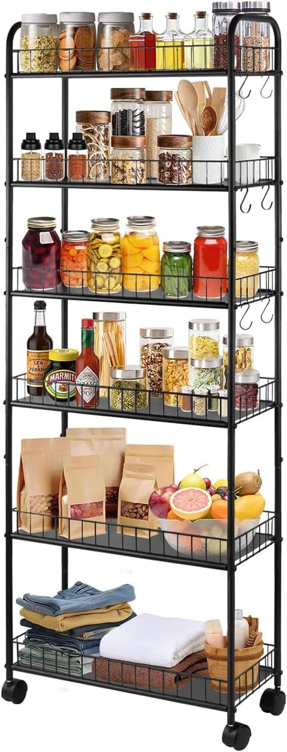 6-Tier Slim Rolling Storage Cart with Wheels, Narrow Metal Organizer Shelf Un...